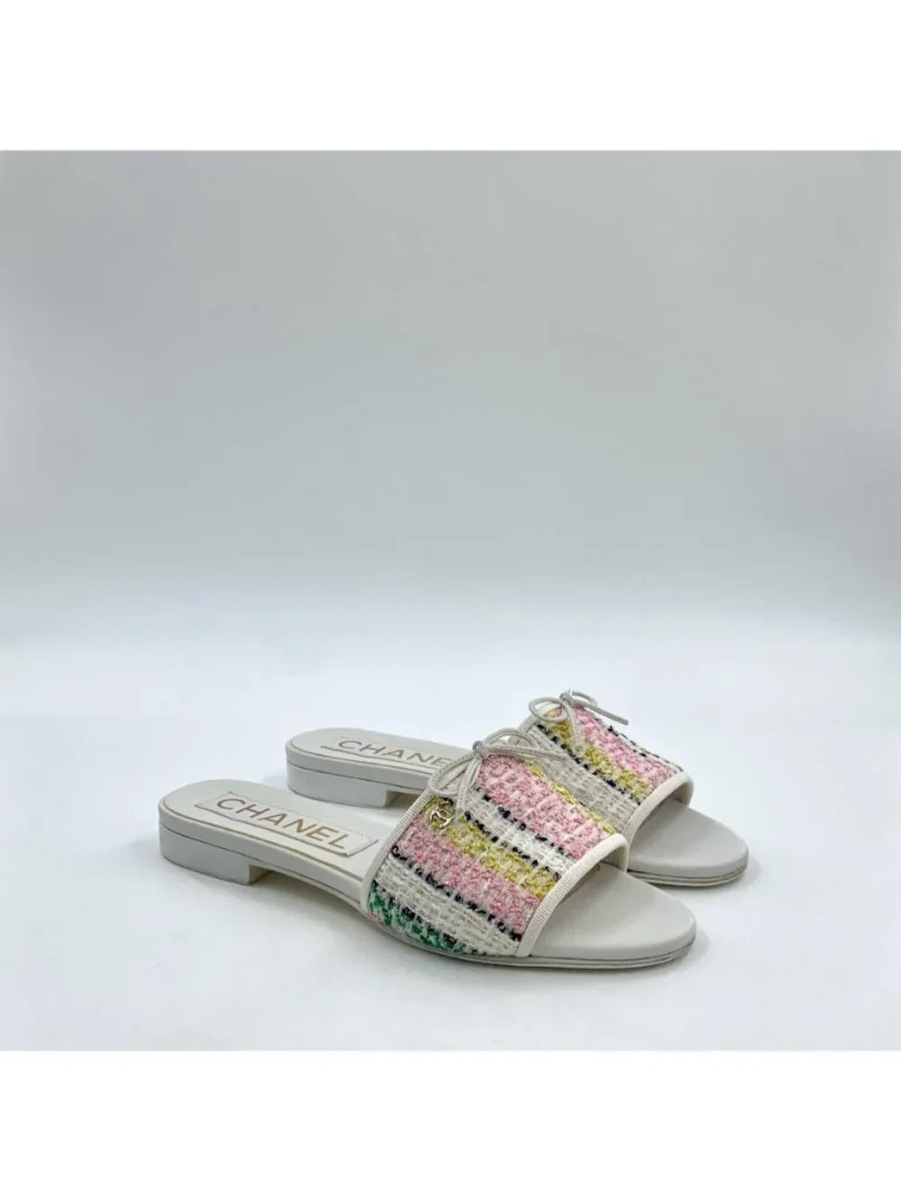 Chanel White Tweed Bow Slide Sandals